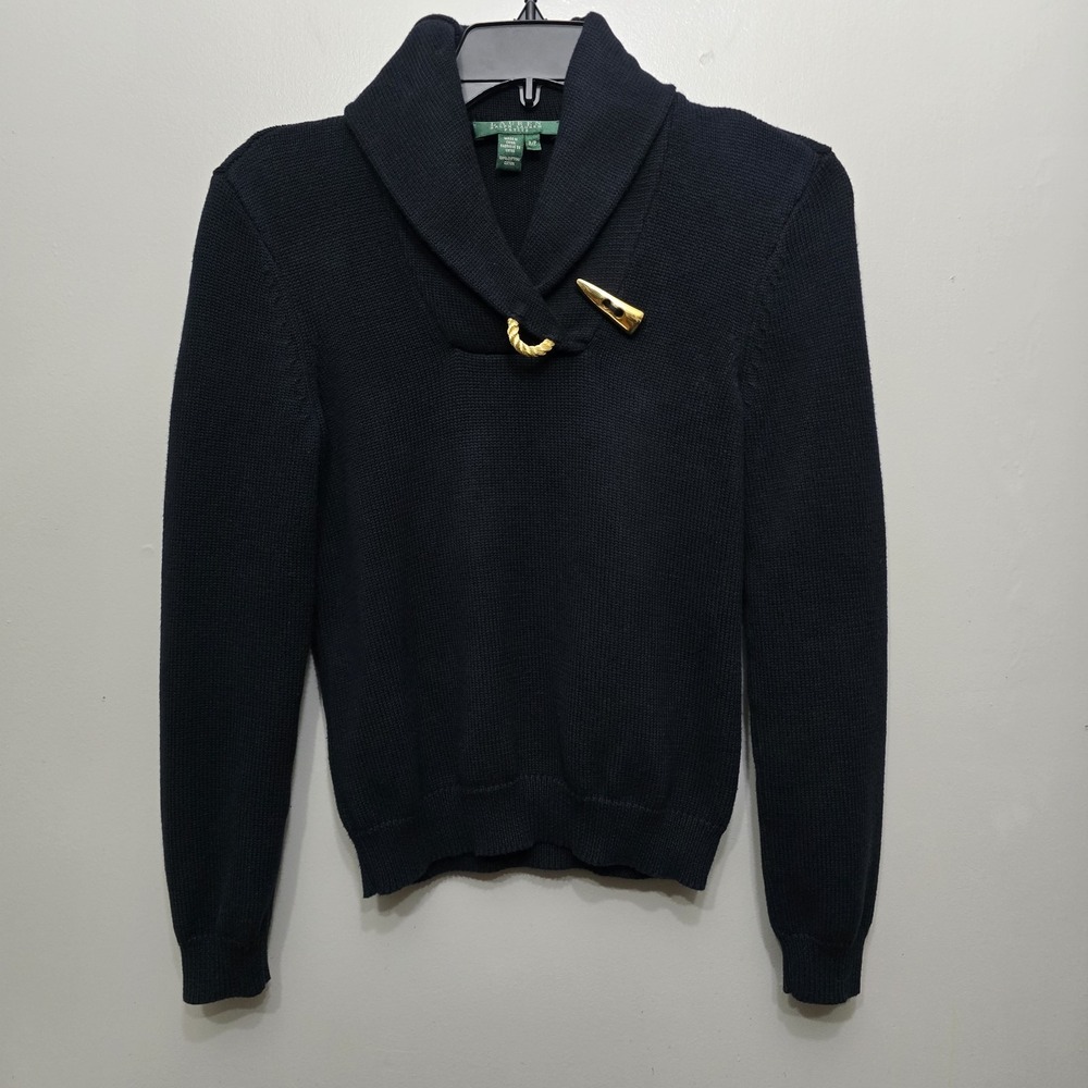 LRL Ralph Lauren Sweater Shawl collar Navy Preppy Gold Toggle Academic Size P/P